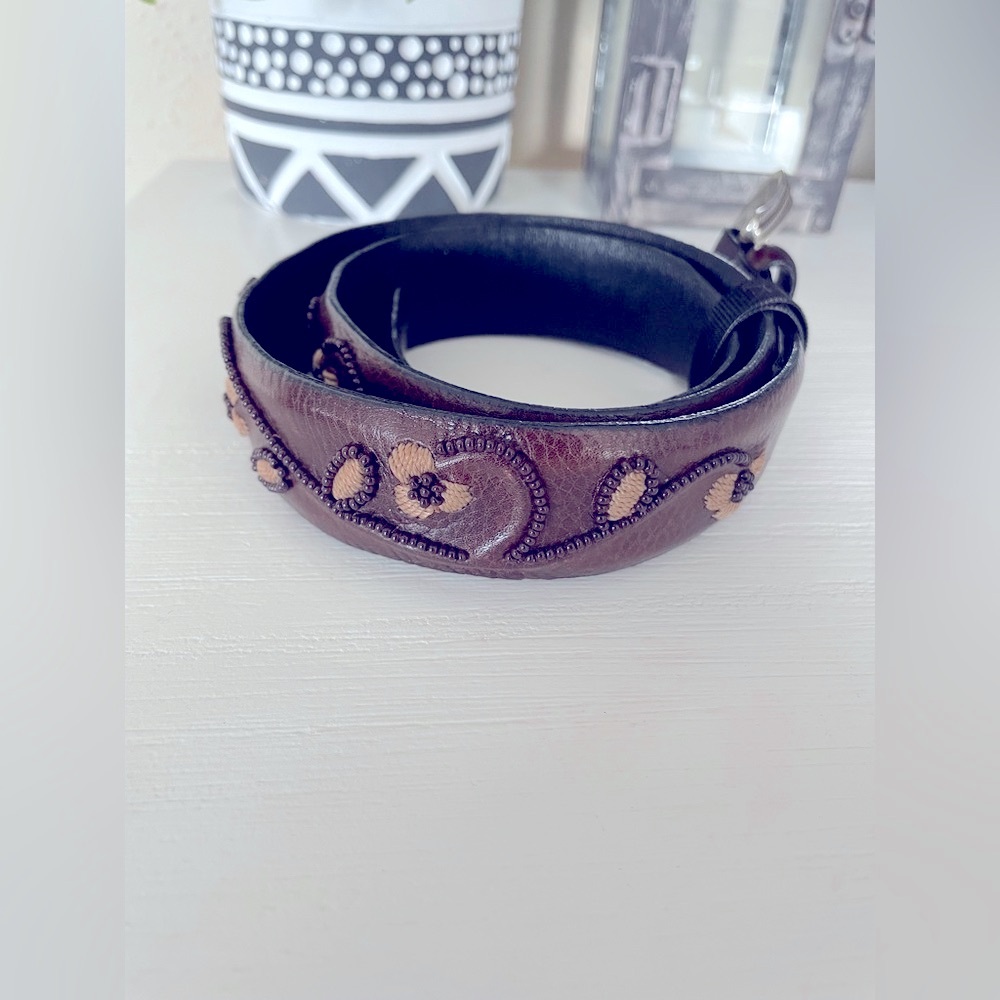 Brighton Belt Women's Size ML 28 Floral Beaded & Embroidered Brown Leather